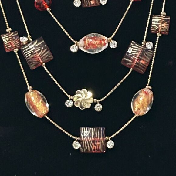 Vtg Layered Necklace Red Crystal & Art Glass Beads 5-Strand Silver-tone Chain - Picture 4 of 11